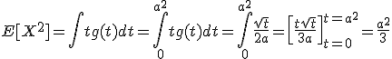 E[X^2]=\int tg(t)dt=\int_0^{a^2}tg(t)dt=\int_0^{a^2}\frac{\sqrt{t}}{2a}=\left[\frac{t\sqrt{t}}{3a}\right]_{t=0}^{t=a^2}=\frac{a^2}{3}
